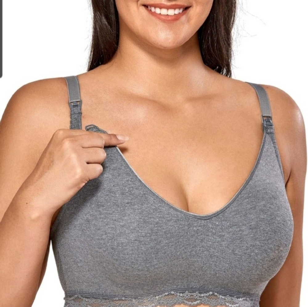 Nursing Bra Gray Lace Trim Comfort Sleep Maternity Bra Pregnancy, Size 38E‎
